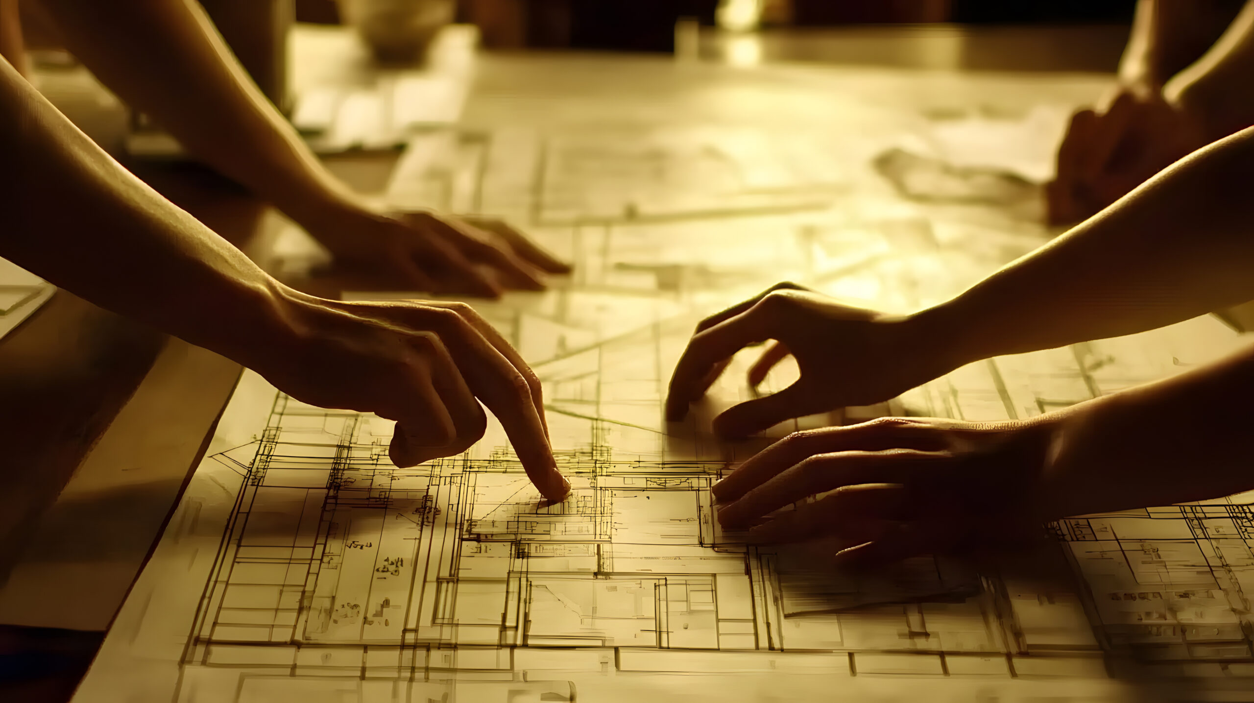 architectural design team collaborating on blueprint, examining building plans for new construction project with hands