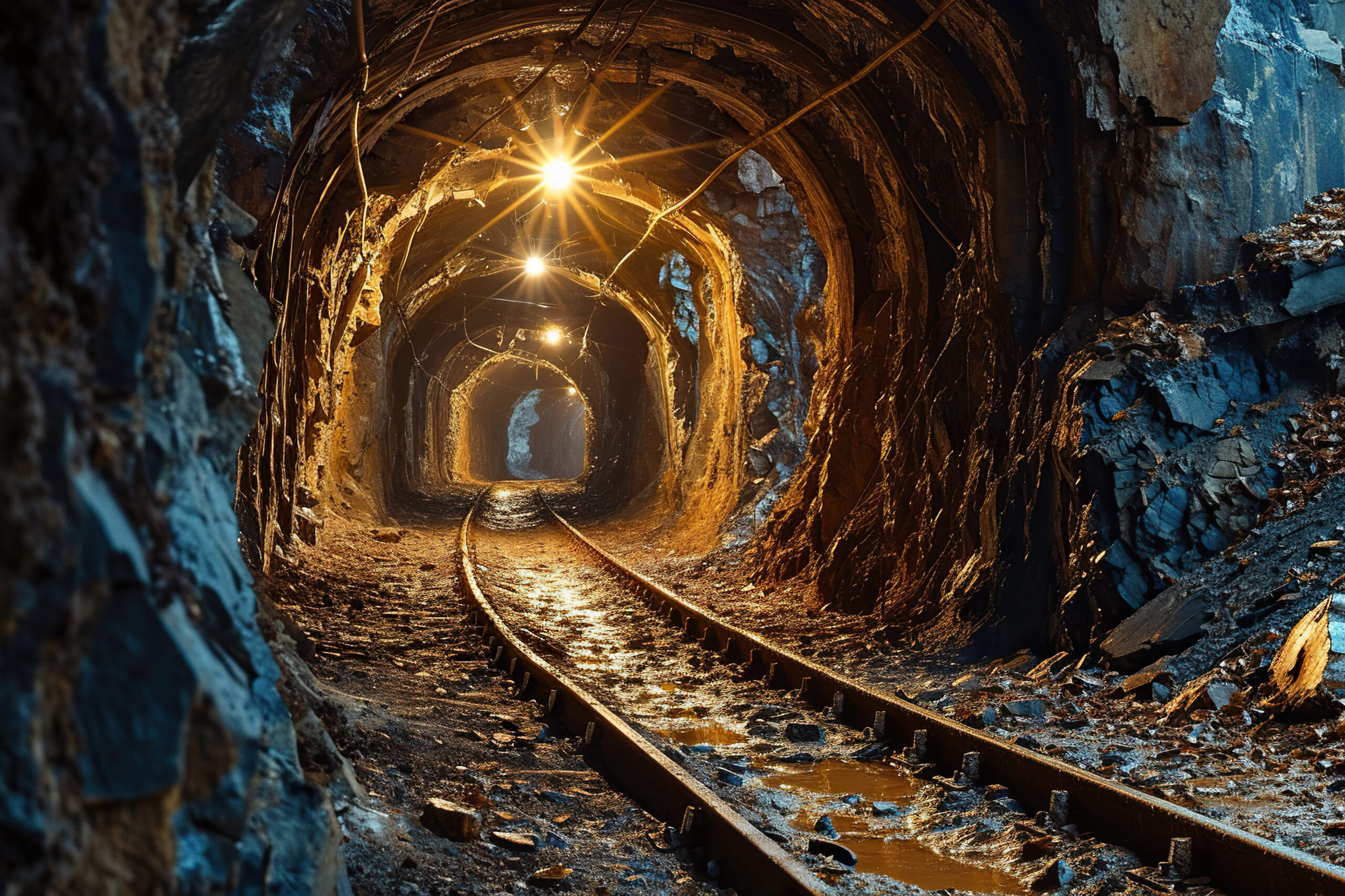 the tunnel with the railway track is illuminated with electric bulbs. mining concept. generative ai